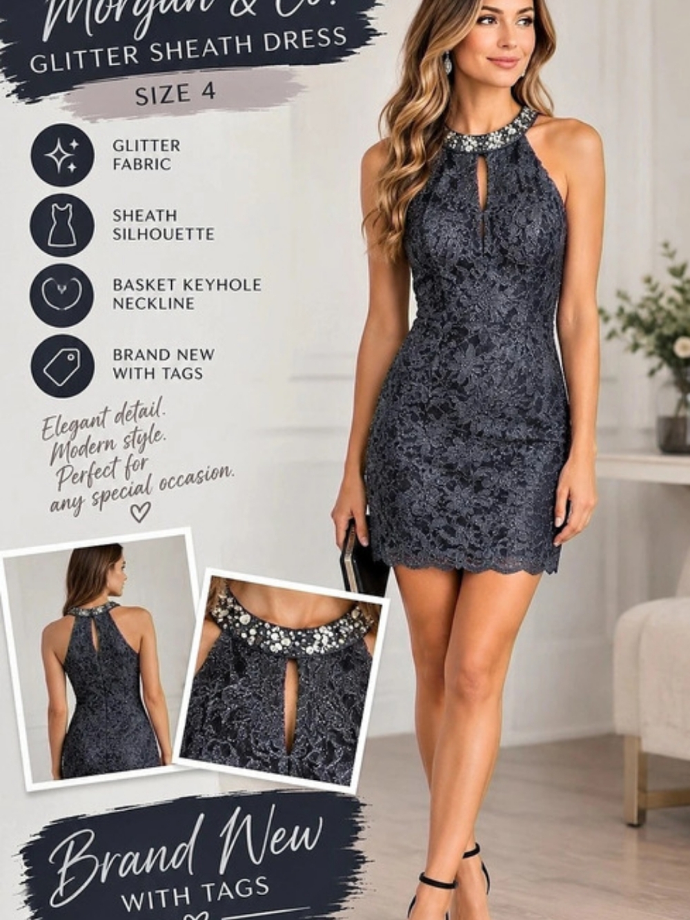 Morgan & Co. Glitter Sheath Dress Mini Dress Size 4 NWT